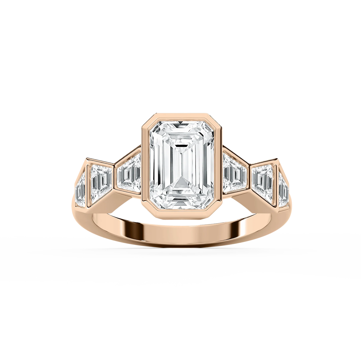 Rylie 3 ¾ ctw Emerald LGD Bezel Side Stone Engagement Ring - 14K Rose Gold / E-VS1