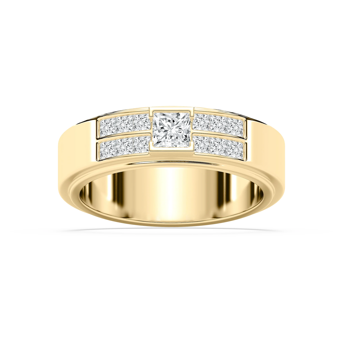 Max 1 ctw Princess LGD 6.80mm Half Bezel Mens Wedding Band - 14K Yellow Gold
