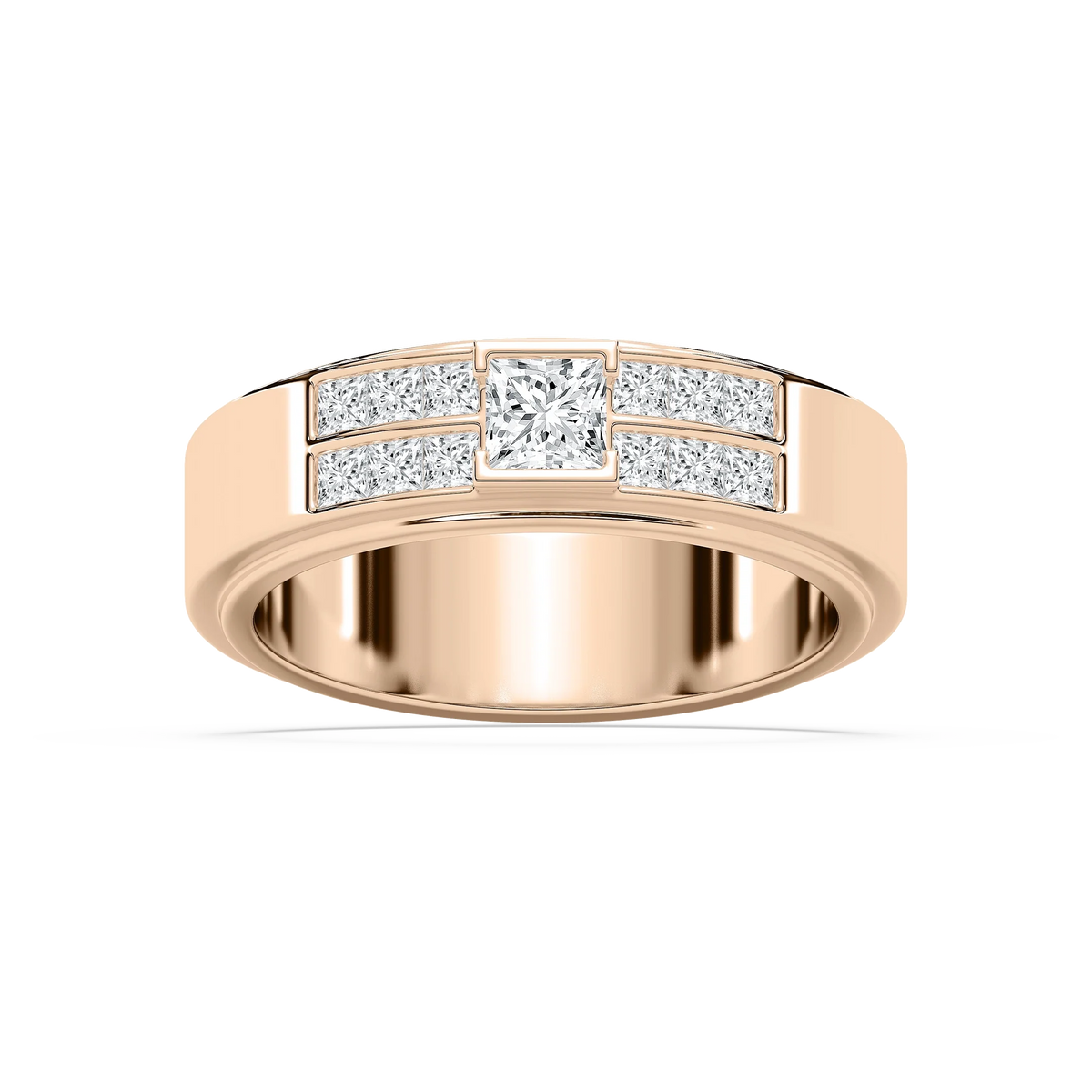 Max 1 ctw Princess LGD 6.80mm Half Bezel Mens Wedding Band - 14K Rose Gold