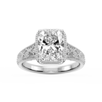 Sylvia Old Mine Cushion LGD Etched Milgrain Side Stone Engagement Ring - 14K White Gold / 3 ctw