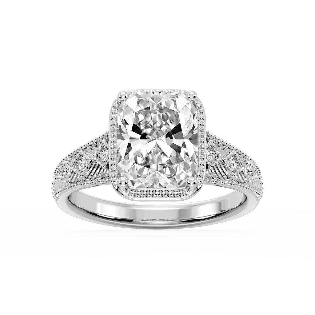 Sylvia Old Mine Cushion LGD Etched Milgrain Side Stone Engagement Ring - 14K White Gold / 7 ctw