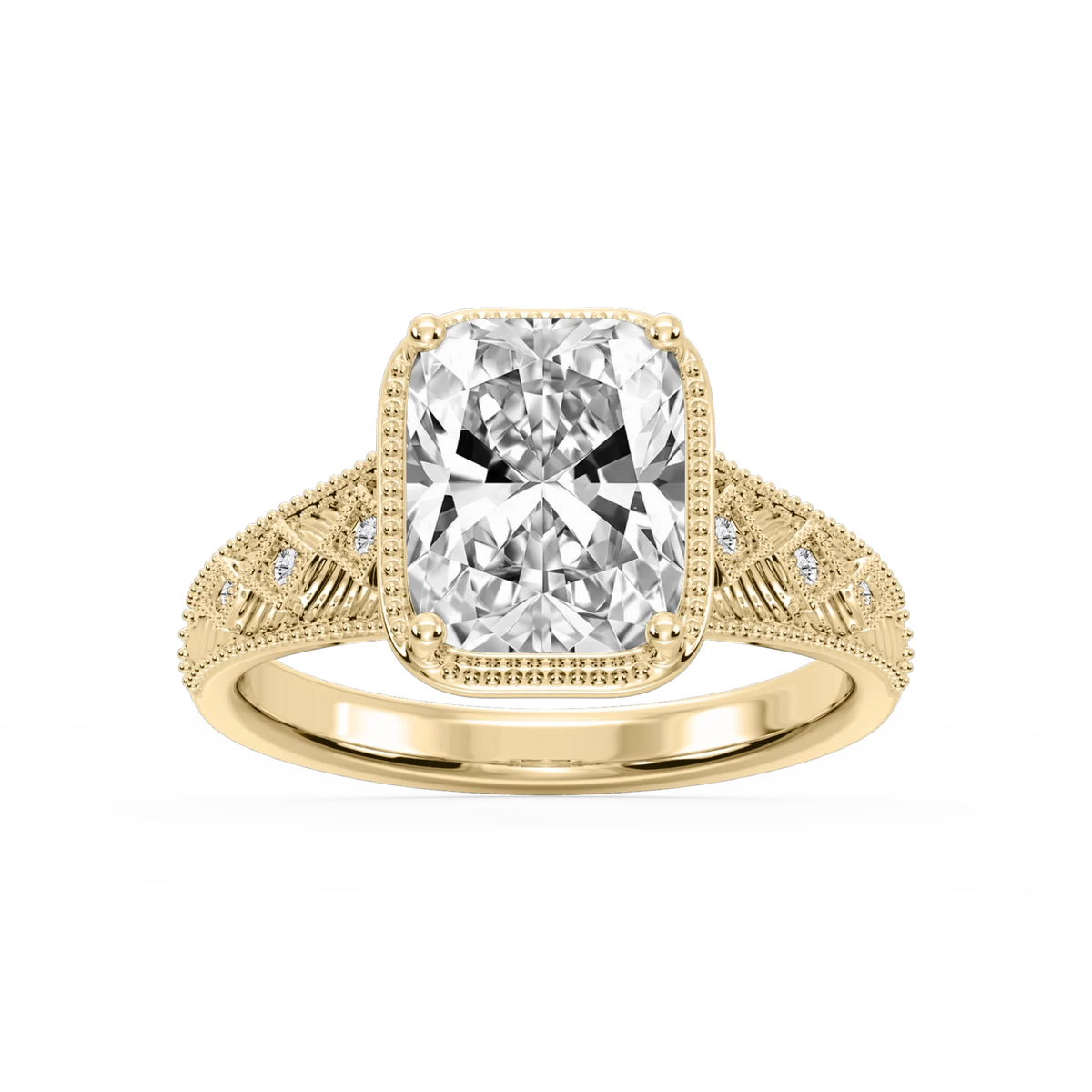 Sylvia Old Mine Cushion LGD Etched Milgrain Side Stone Engagement Ring - 14K Yellow Gold / 4 ctw