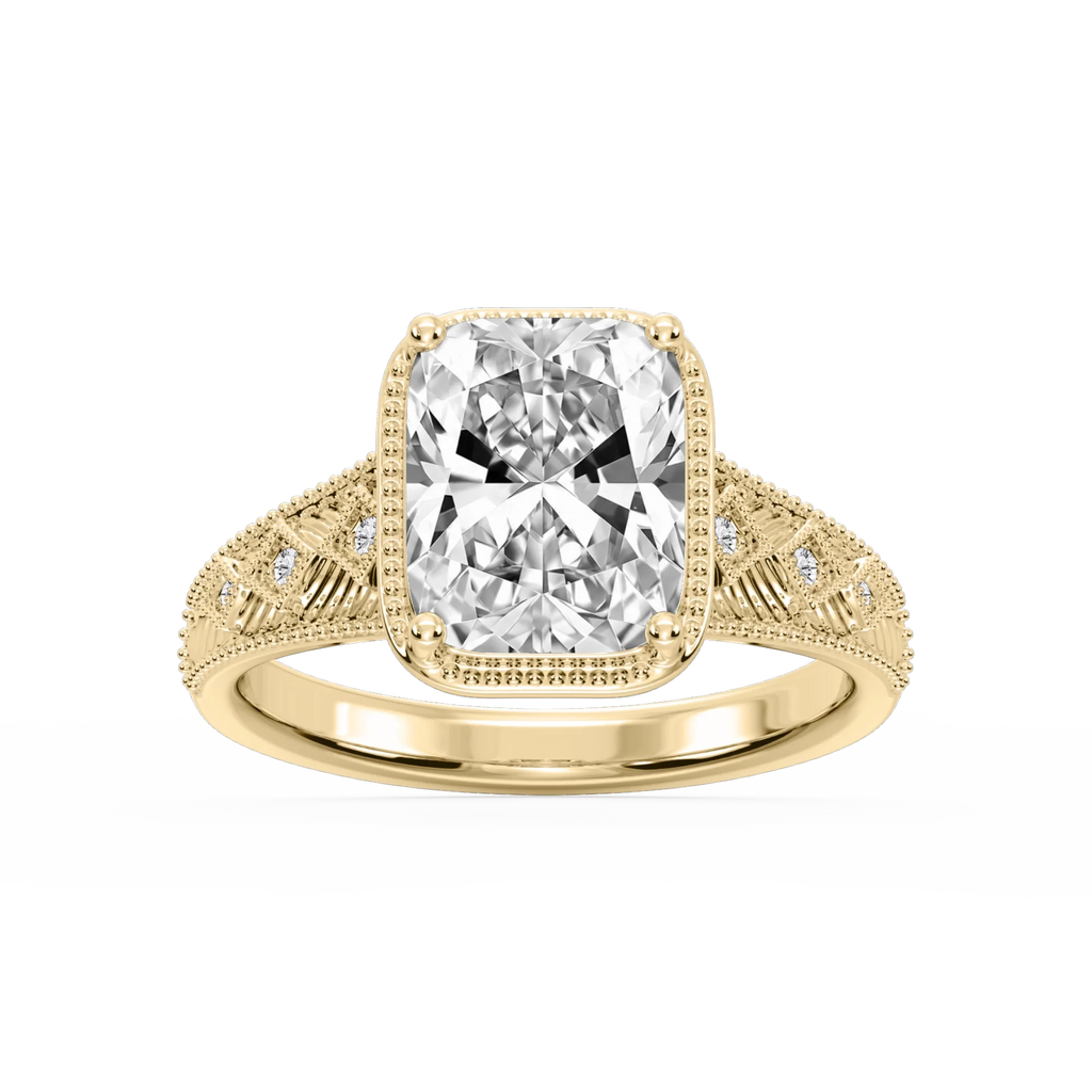 Sylvia Old Mine Cushion LGD Etched Milgrain Side Stone Engagement Ring - 14K Yellow Gold / 7 ctw