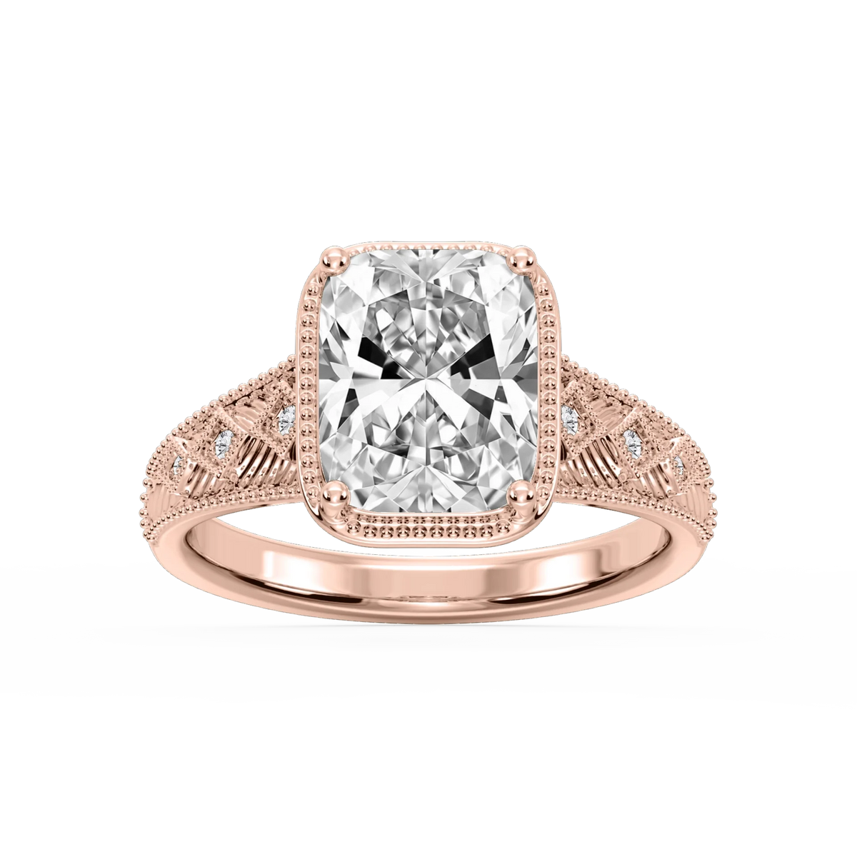 Sylvia Old Mine Cushion LGD Etched Milgrain Side Stone Engagement Ring - 14K Rose Gold / 6 ctw
