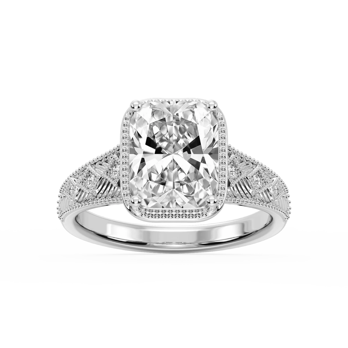 Sylvia Old Mine Cushion LGD Etched Milgrain Side Stone Engagement Ring - Platinum / 2 ctw