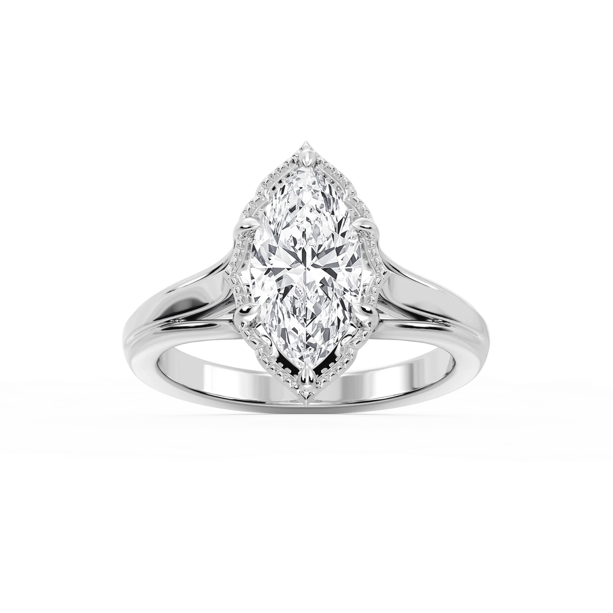 Tabitha Marquise LGD Six Prong Catherdral Side Stone Engagement Ring - 14K White Gold