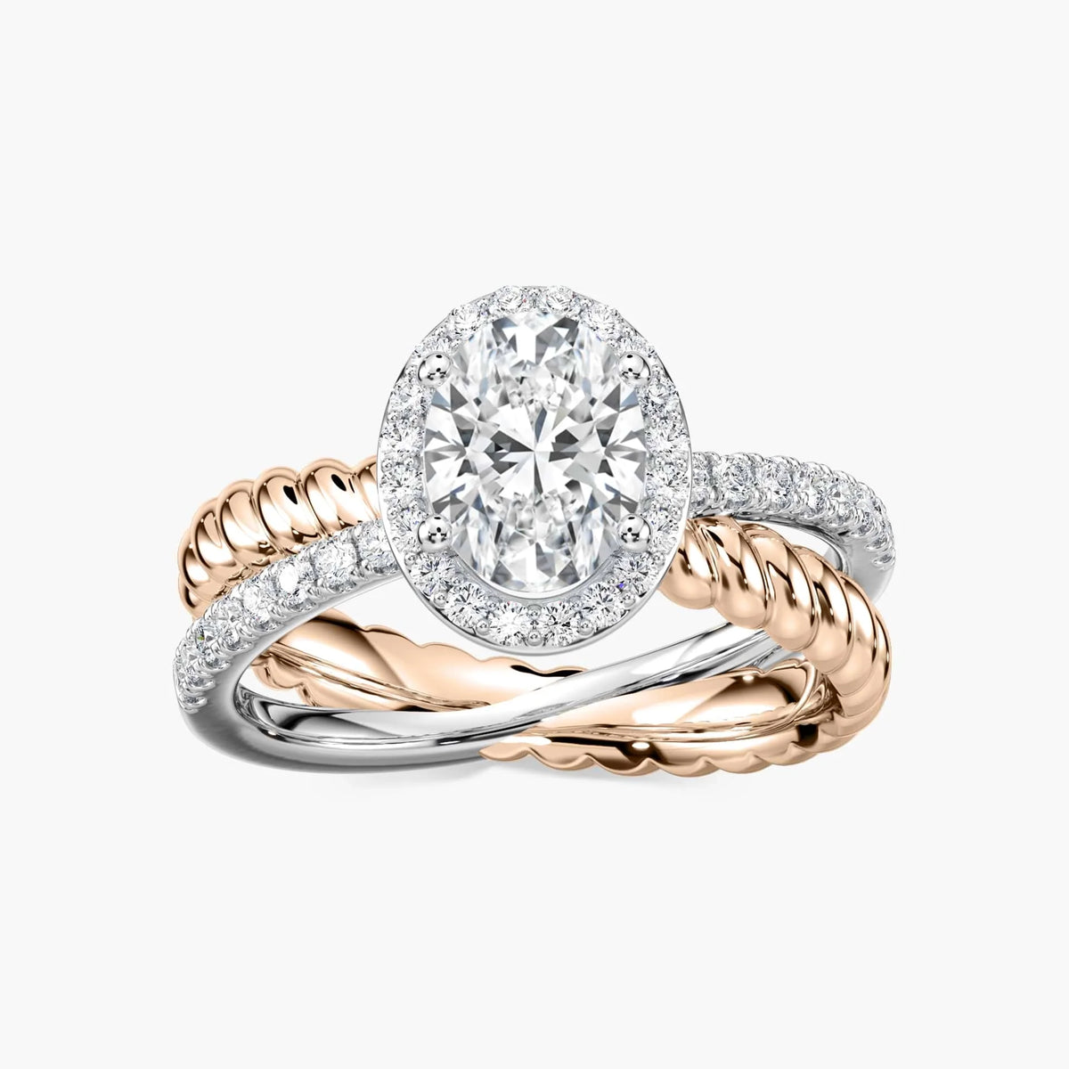 Athena Oval LGD Rope Crossover Halo Engagement Ring - Two-Tone 14K White Gold and 14K Rose Gold