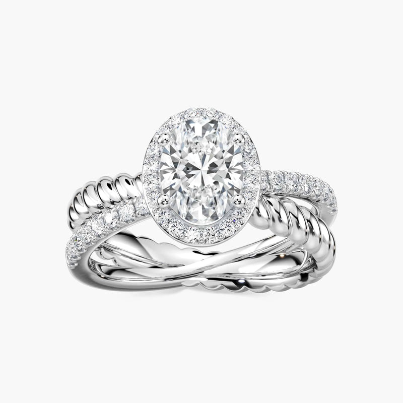 Athena Oval LGD Rope Crossover Halo Engagement Ring - 14K White Gold