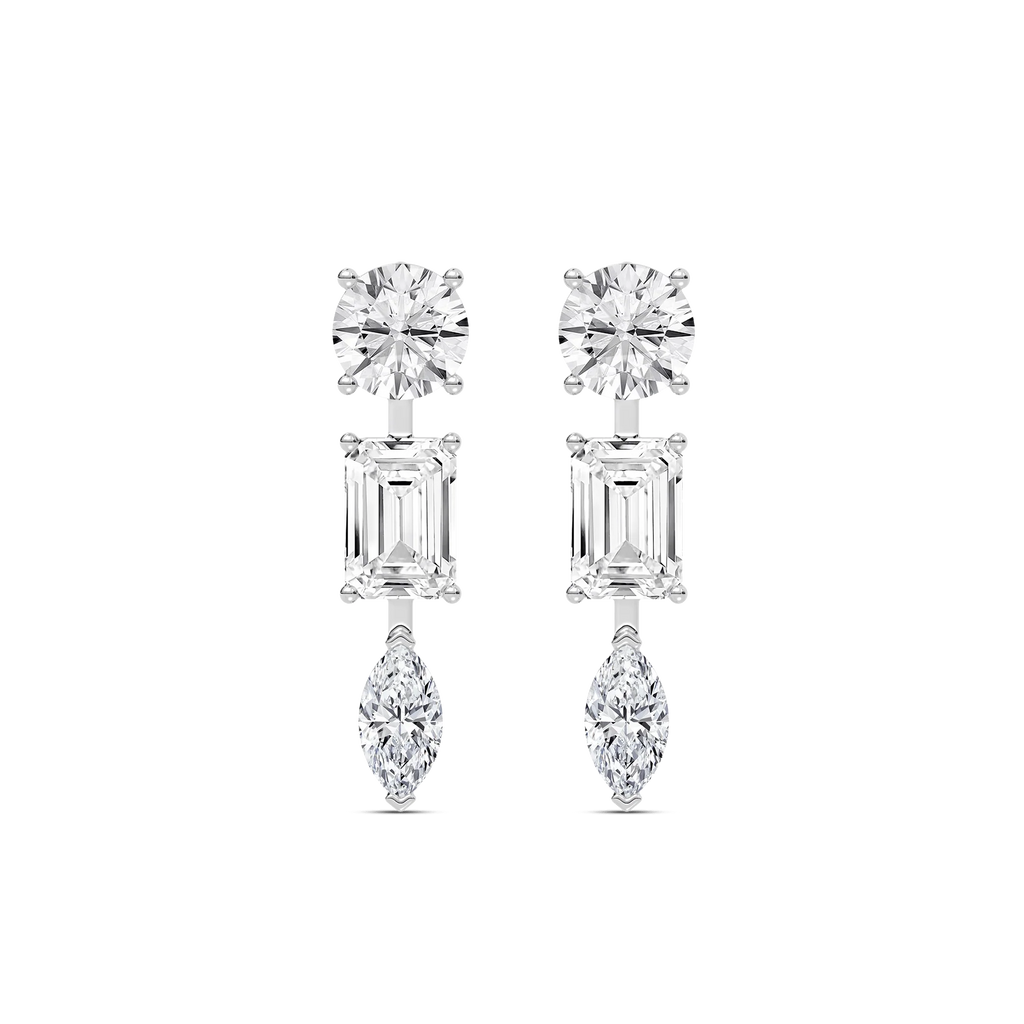 3 ⁷/₈ ctw Round Emerald, and Marquise LGD Trio Drop Earrings - 14K White Gold / F-VS2