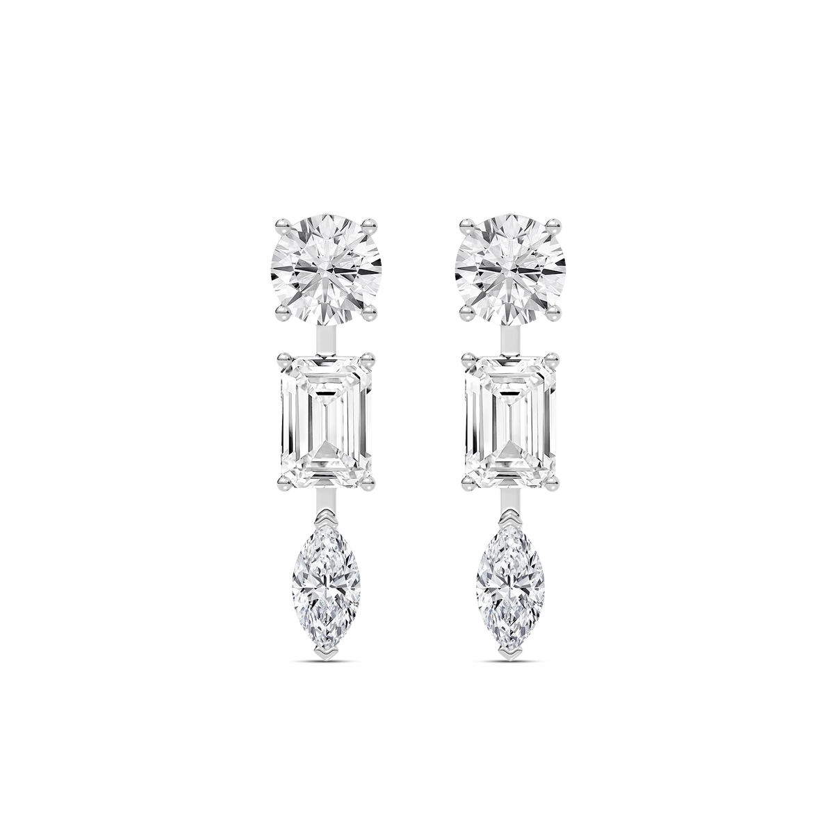 3 ⁷/₈ ctw Round Emerald, and Marquise LGD Trio Drop Earrings - 14K White Gold / F-VS2