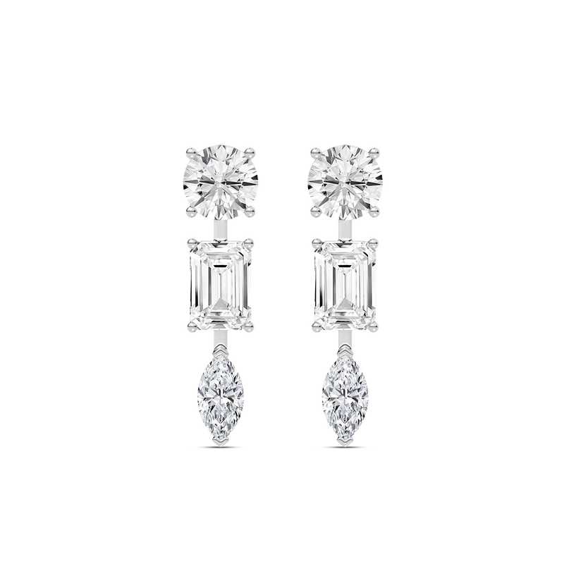 3 ⁷/₈ ctw Round Emerald, and Marquise LGD Trio Drop Earrings - 14K White Gold / F-VS2
