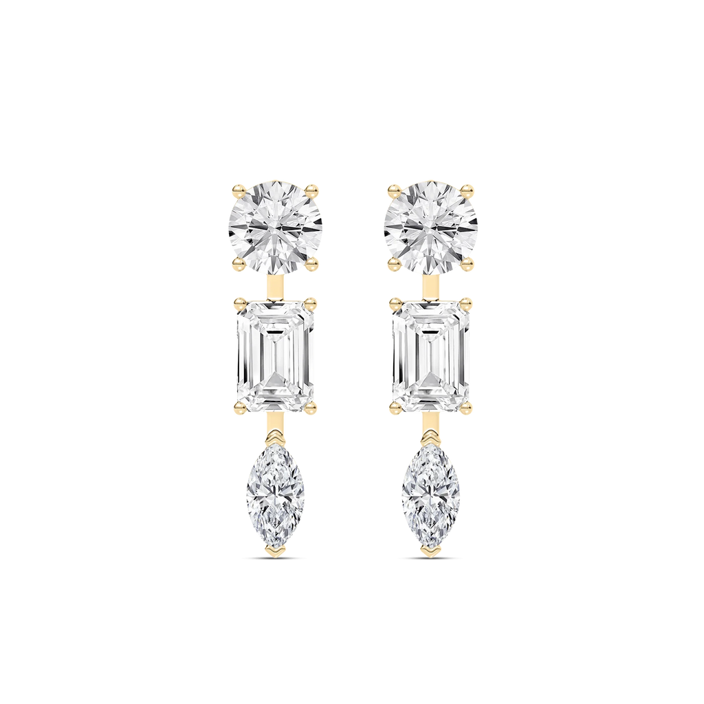 3 ⁷/₈ ctw Round Emerald, and Marquise LGD Trio Drop Earrings - 14K Yellow Gold / F-VS2