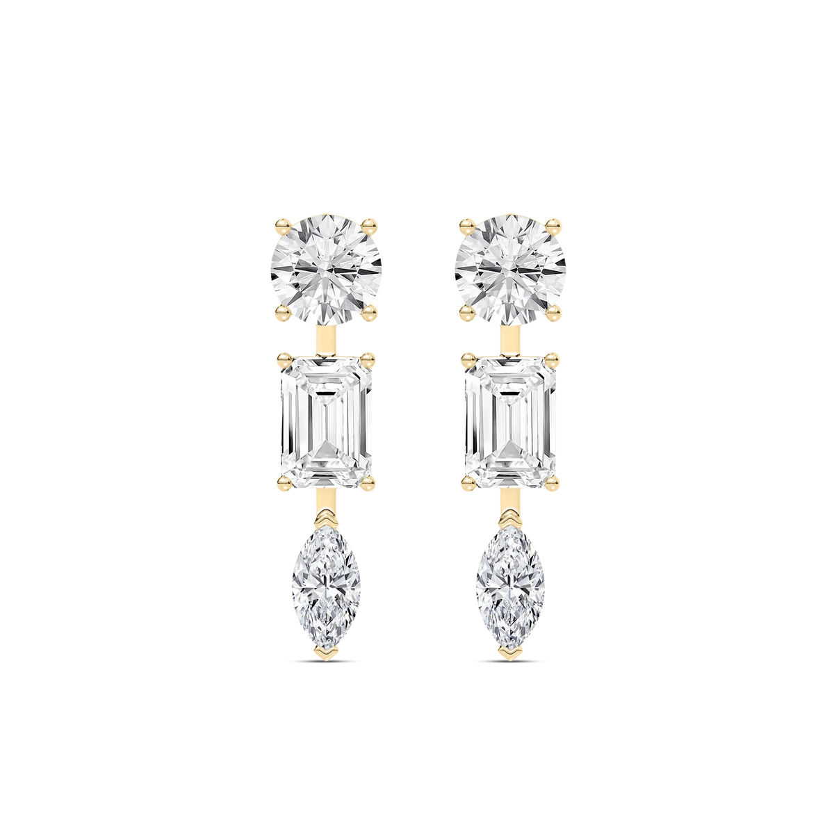 3 ⁷/₈ ctw Round Emerald, and Marquise LGD Trio Drop Earrings - 14K Yellow Gold / F-VS2