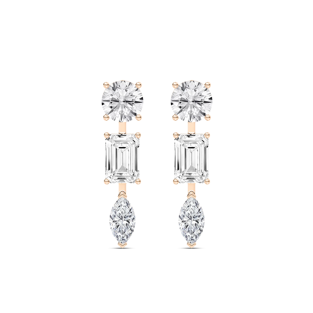 3 ⁷/₈ ctw Round Emerald, and Marquise LGD Trio Drop Earrings - 14K Rose Gold / F-VS2