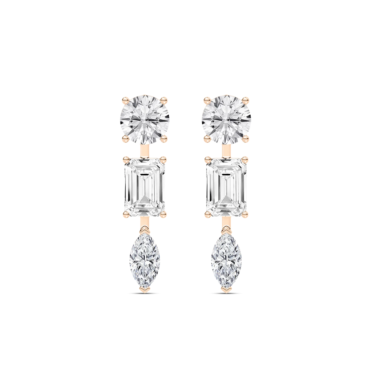 3 ⁷/₈ ctw Round Emerald, and Marquise LGD Trio Drop Earrings - 14K Rose Gold / F-VS2