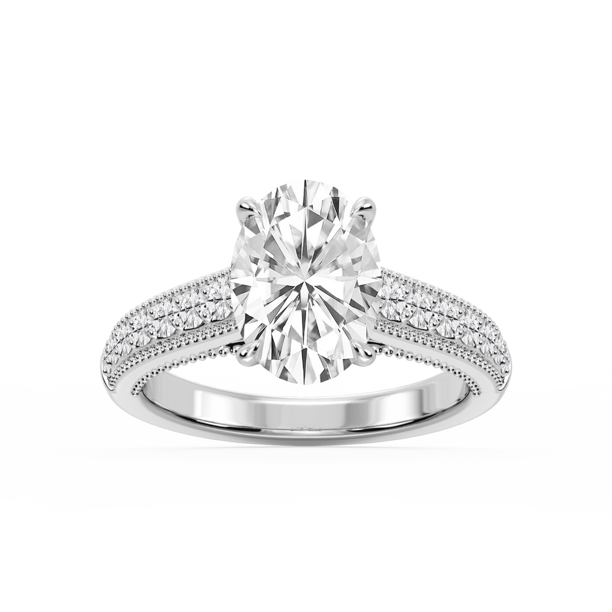 Veronica Oval LGD Milgrain Channel Side Stone Engagement Ring - 14K White Gold