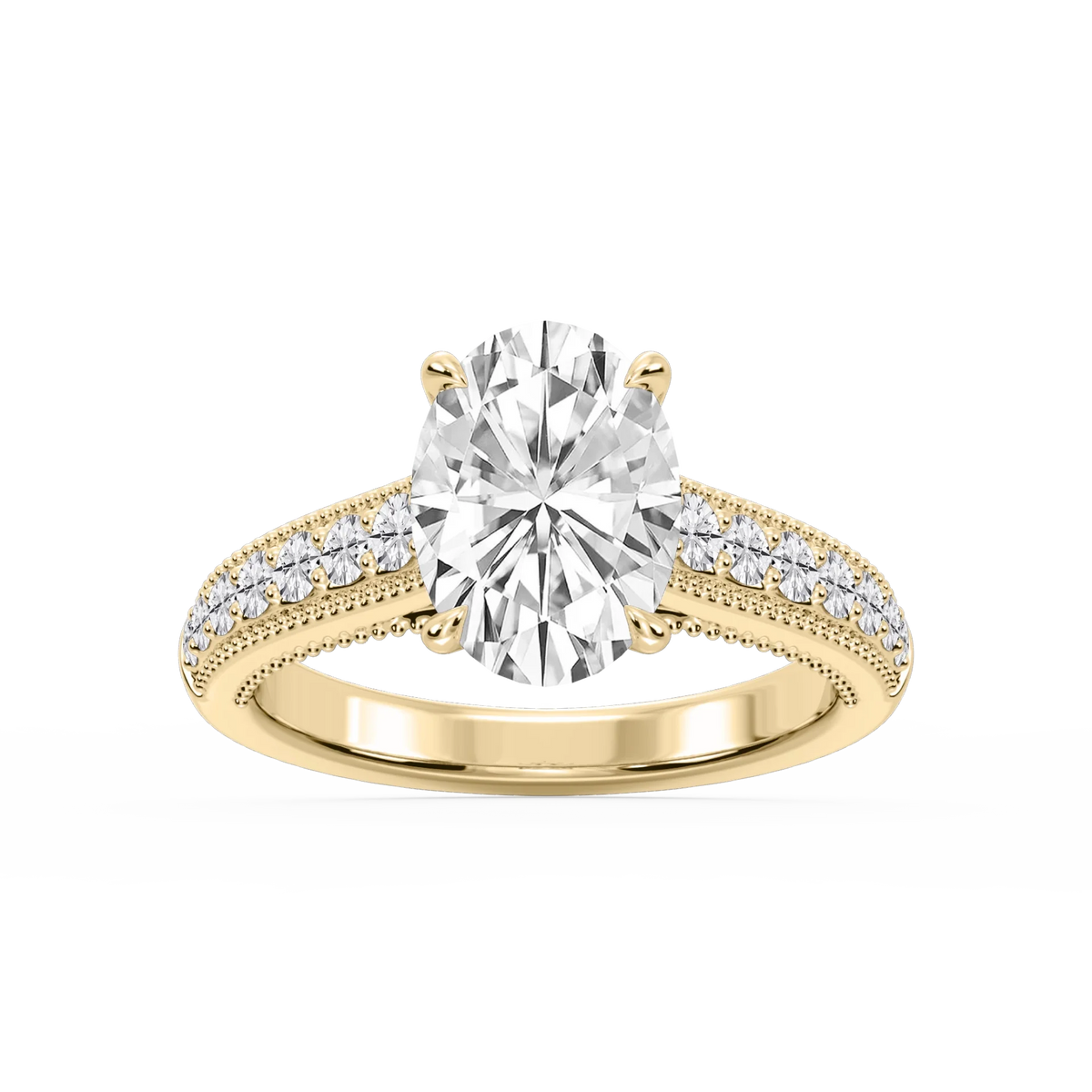 Veronica Oval LGD Milgrain Channel Side Stone Engagement Ring - 14K Yellow Gold