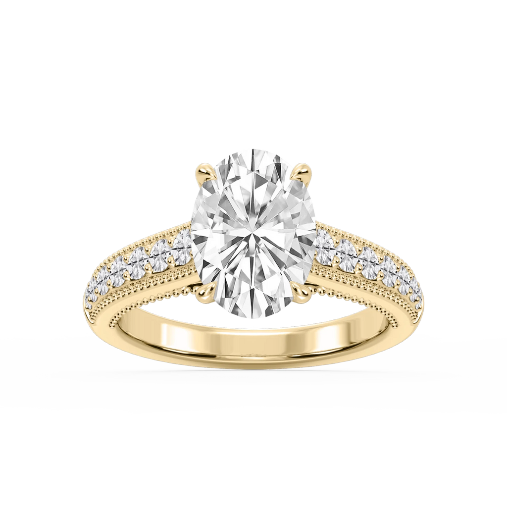 Veronica Oval LGD Milgrain Channel Side Stone Engagement Ring - 18K Yellow Gold