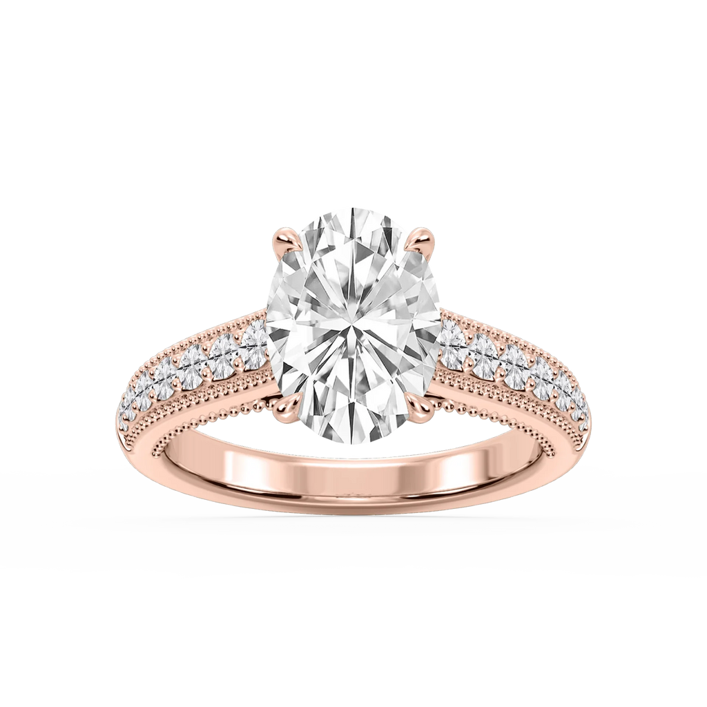 Veronica Oval LGD Milgrain Channel Side Stone Engagement Ring - 18K Rose Gold