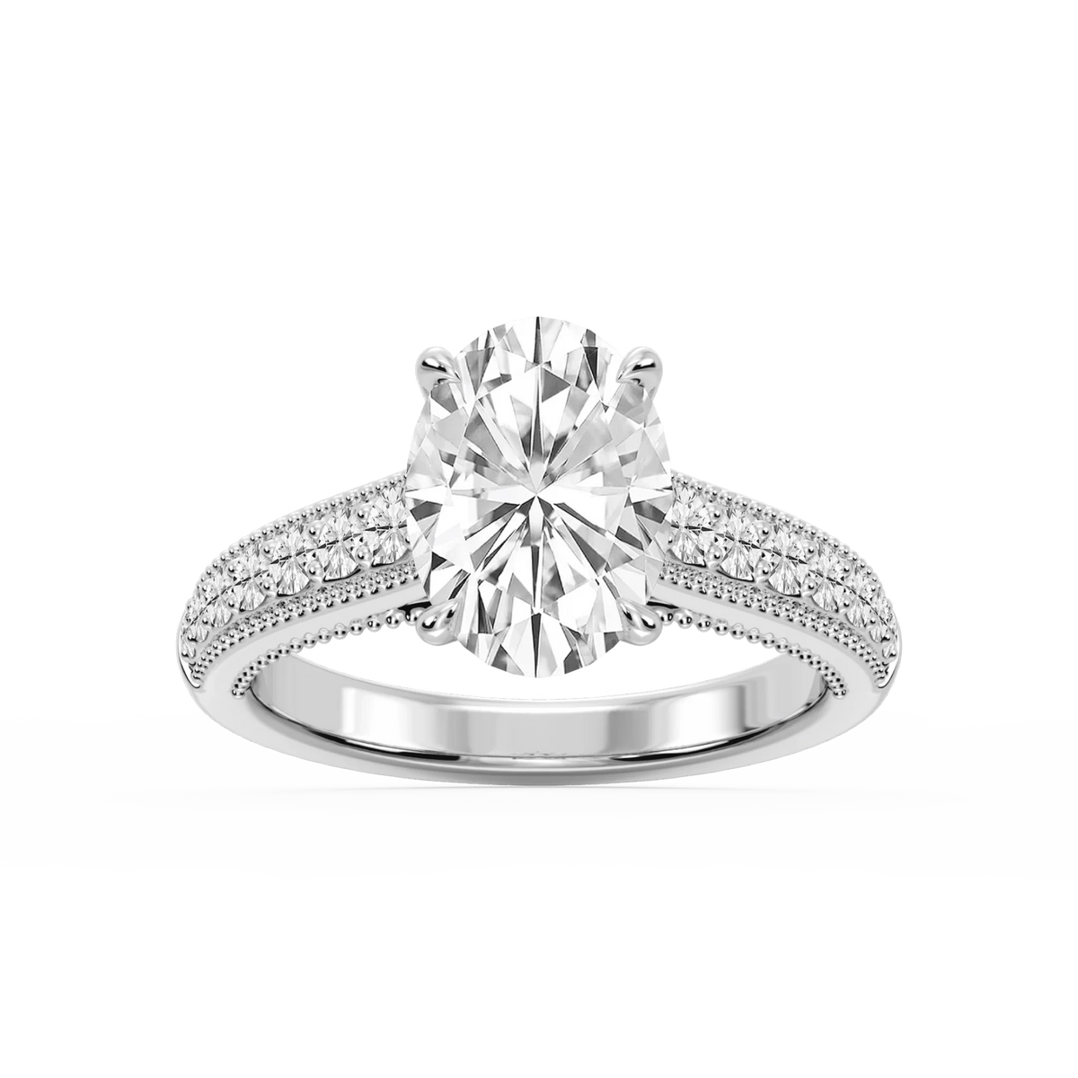 Veronica Oval LGD Milgrain Channel Side Stone Engagement Ring - Platinum