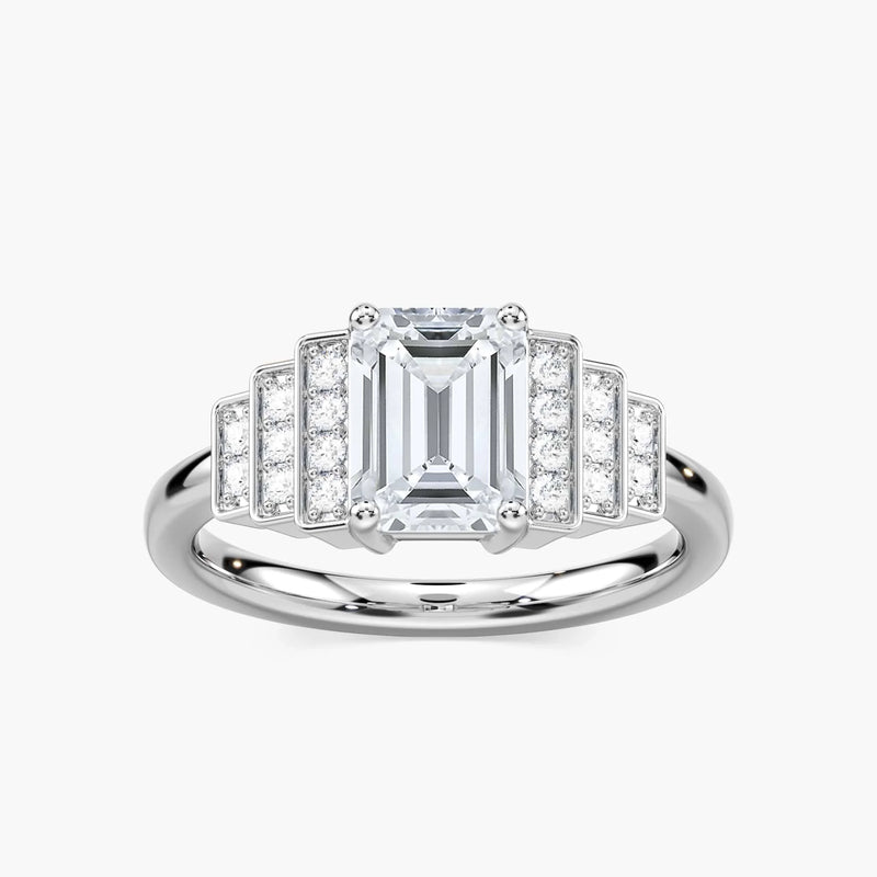Vivienne Emerald LGD Vintage Antique Side Stone Engagement Ring - 14K White Gold