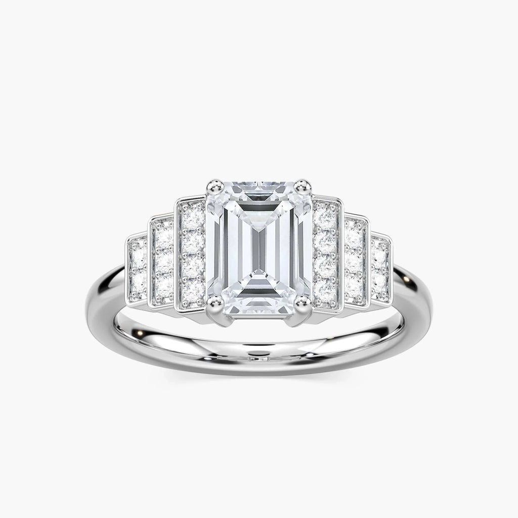 Vivienne Emerald LGD Vintage Antique Side Stone Engagement Ring - 18K White Gold