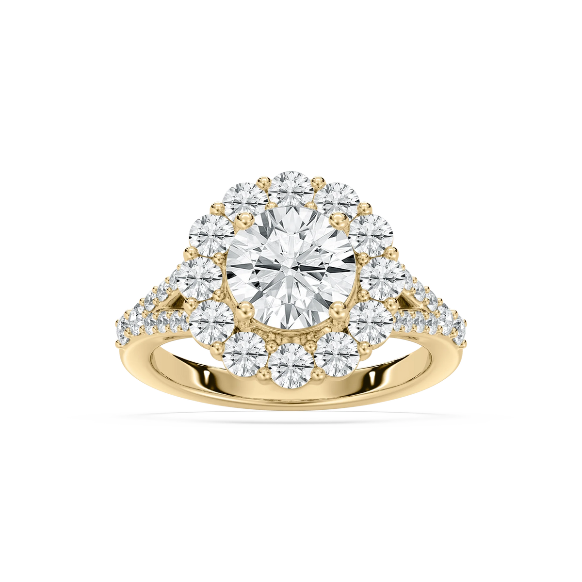 Willa 3 ³⁄₈ ctw Round LGD Split Shank Halo Engagement Ring - 14K Yellow Gold / F-VS2