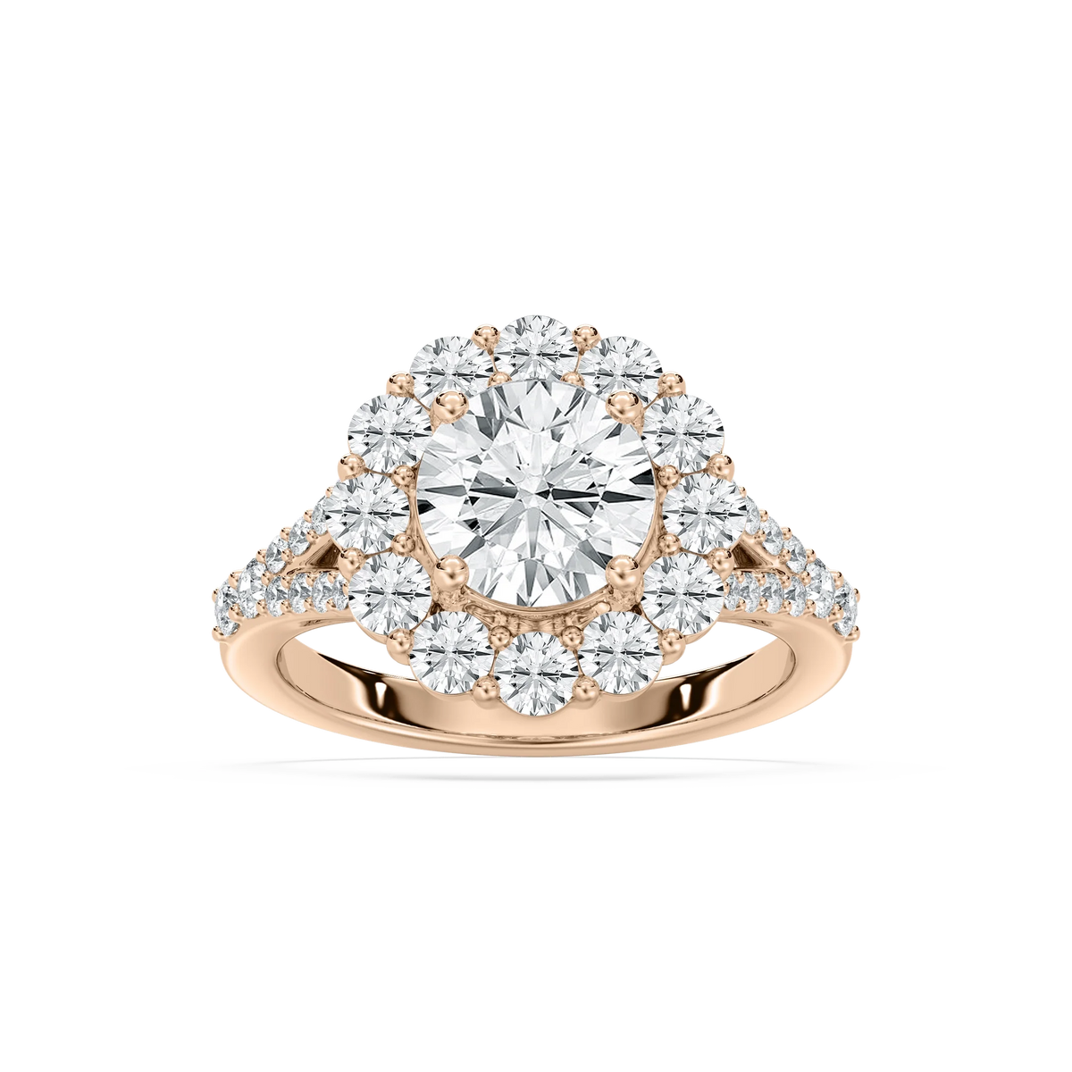 Willa 3 ³⁄₈ ctw Round LGD Split Shank Halo Engagement Ring - 14K Rose Gold / F-VS2